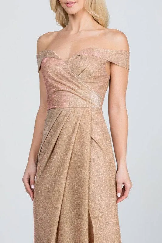 Off the shoulder glittery jacquard gathered gown