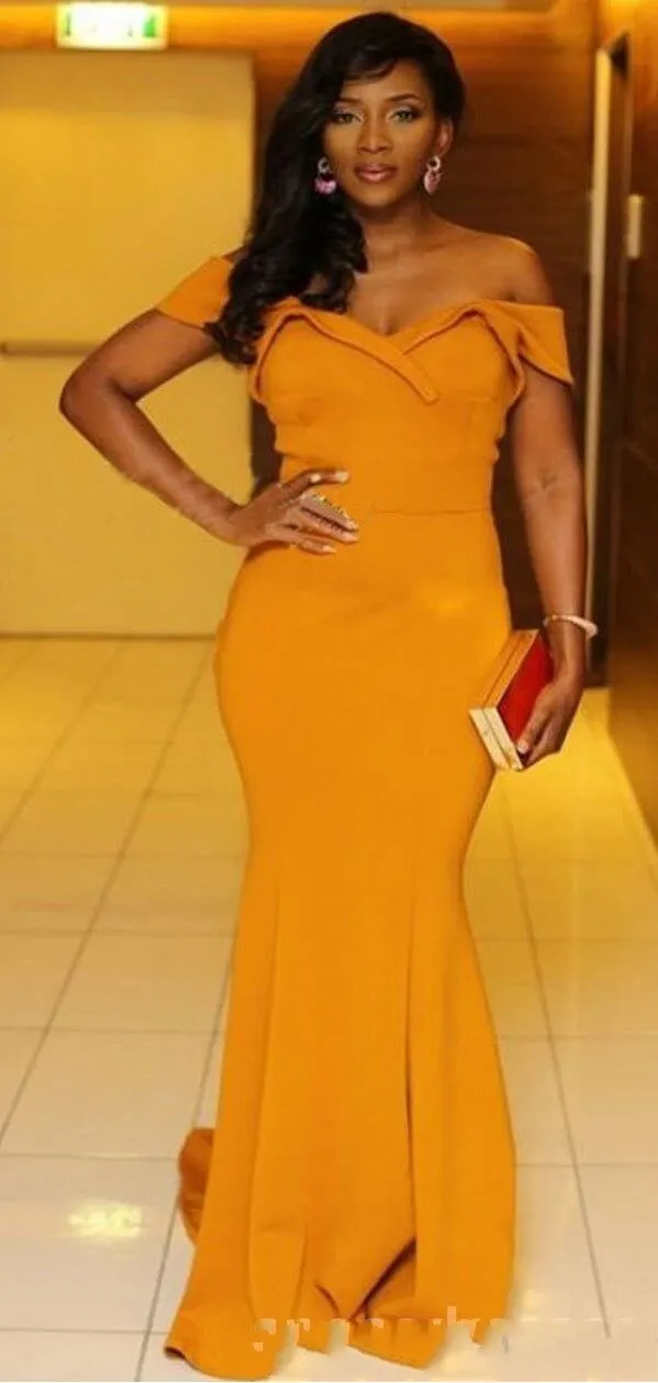 Off the Shoulder Yellow Wedding Guest Dresses Satin Mermaid Formal Dress