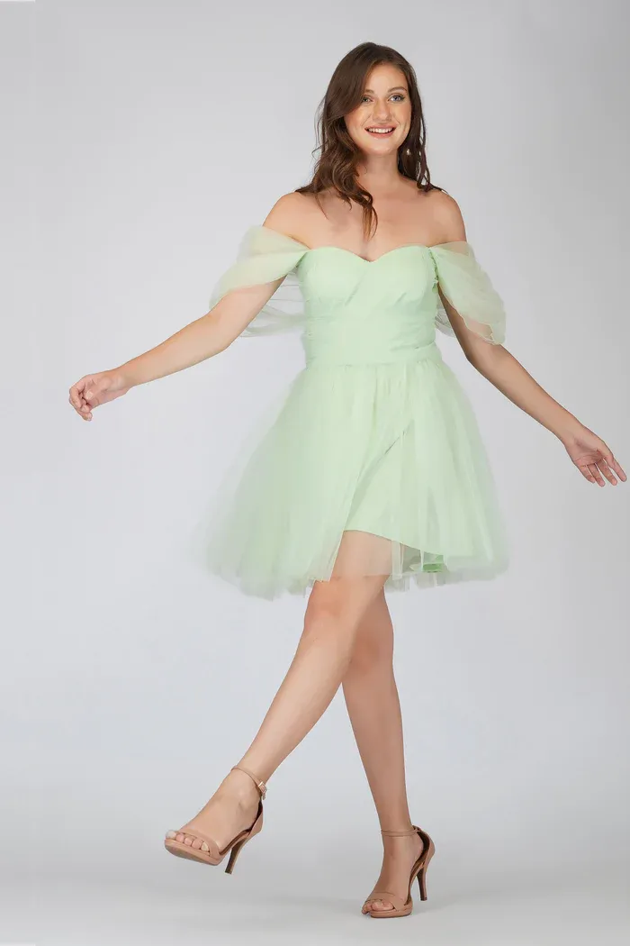 Offshoulder Pastel Green Tulle Mini Dress