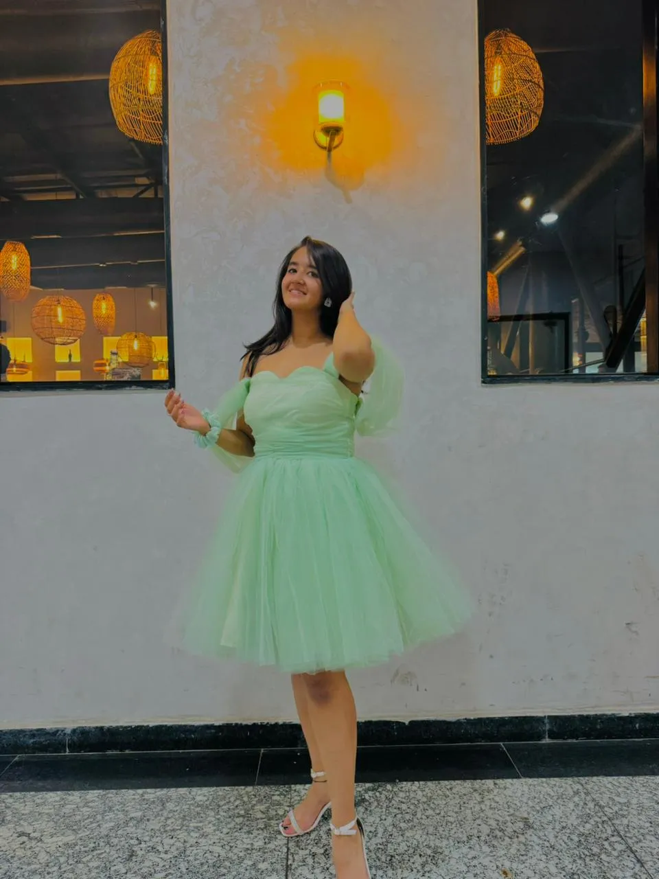 Offshoulder Pastel Green Tulle Mini Dress