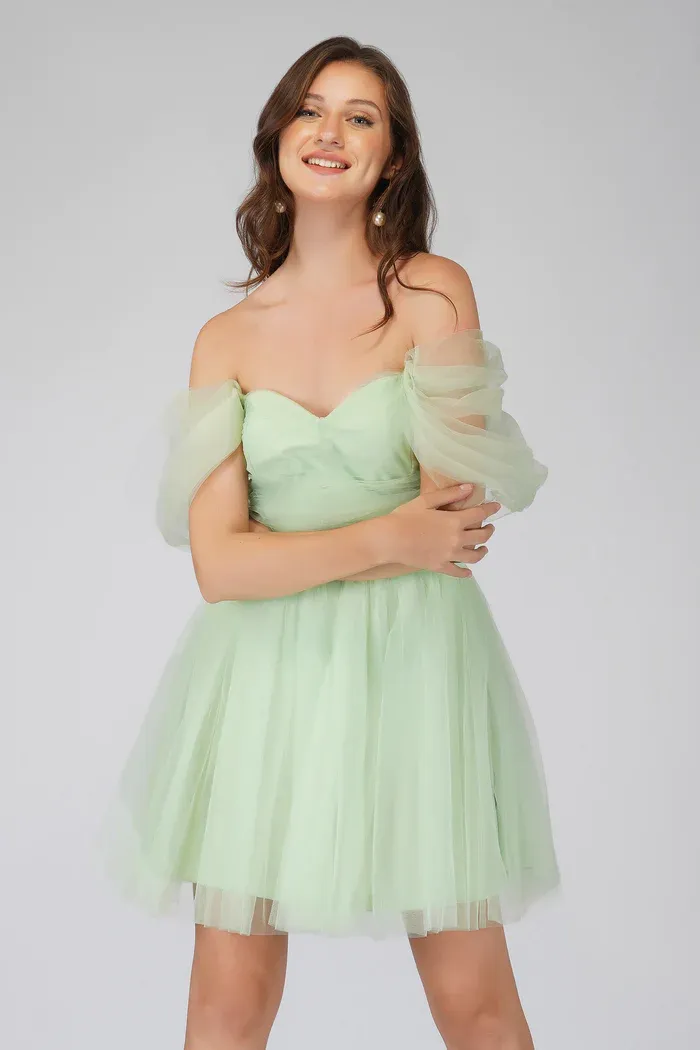 Offshoulder Pastel Green Tulle Mini Dress