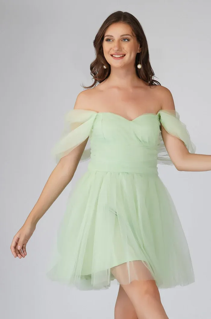 Offshoulder Pastel Green Tulle Mini Dress