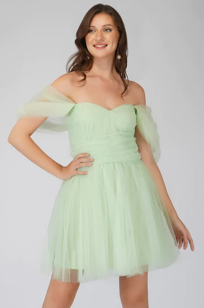 Offshoulder Pastel Green Tulle Mini Dress
