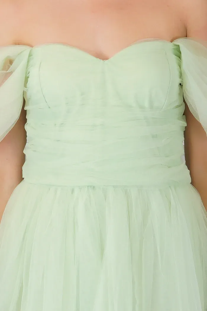Offshoulder Pastel Green Tulle Mini Dress