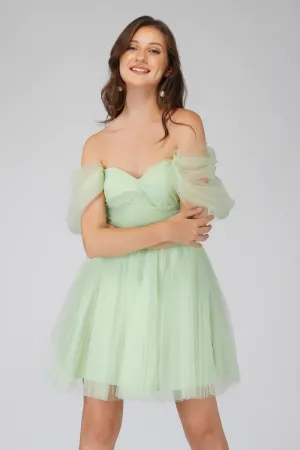 Offshoulder Pastel Green Tulle Mini Dress