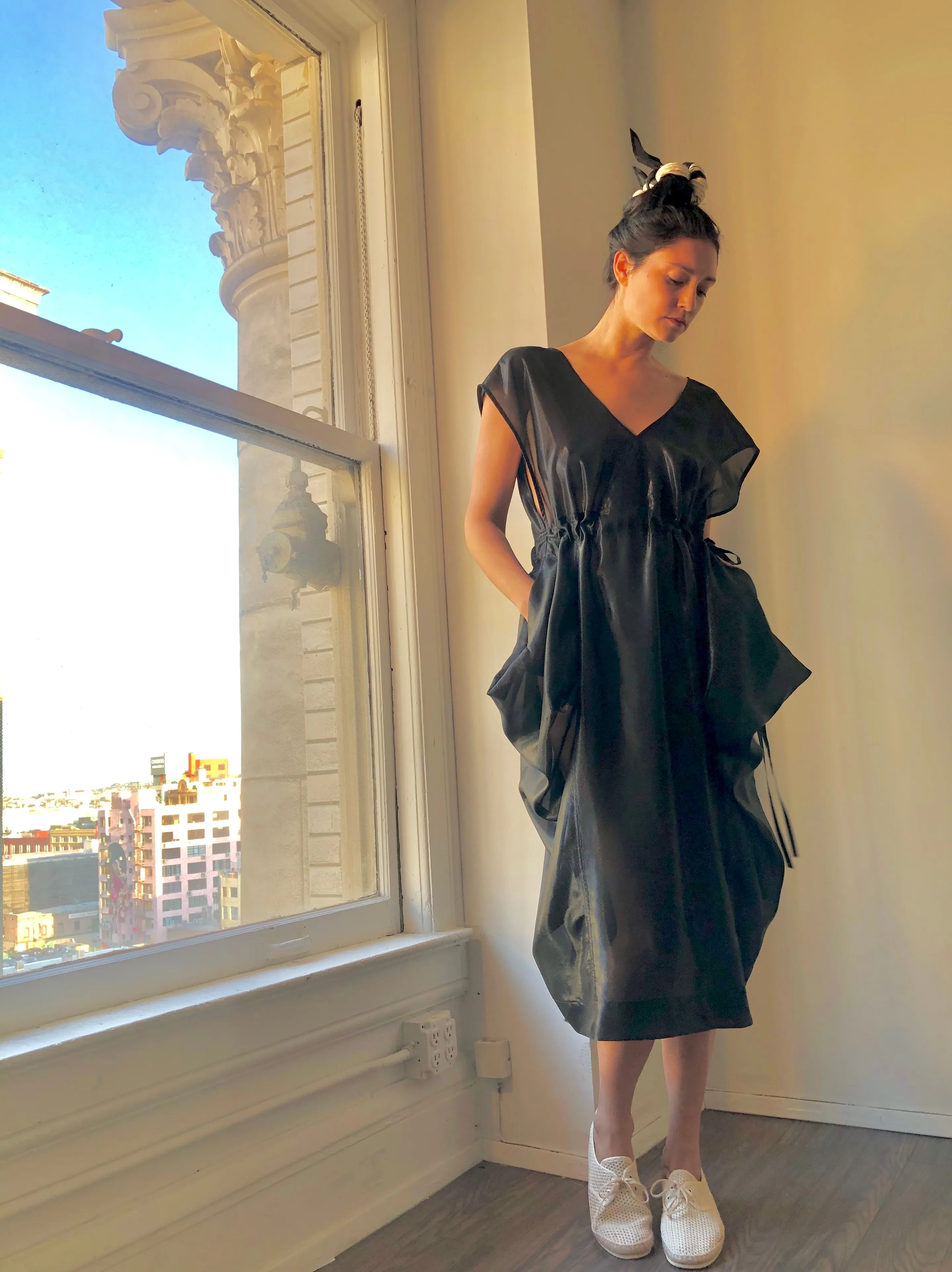 Origami Propeller Dress Black Kohl Raw Silk {Made to Order}
