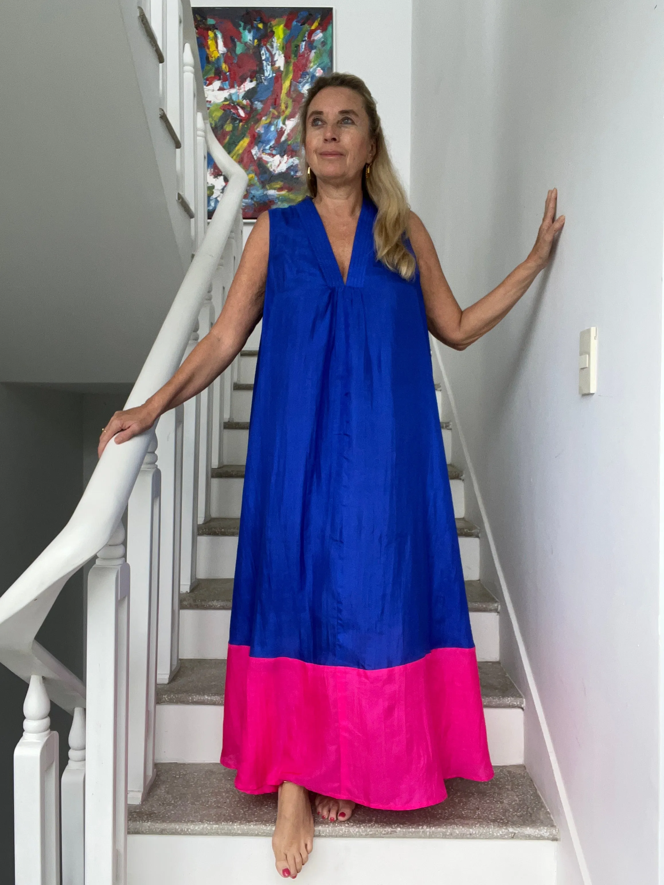 Pam  100 % organic Silk  dress Blue  pink