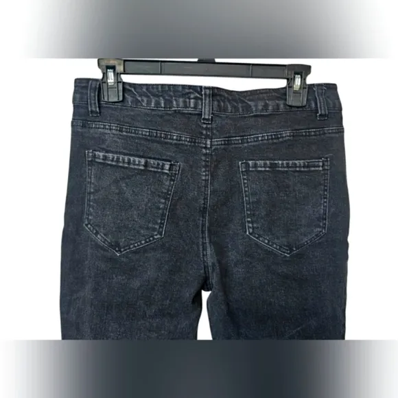 Peach Love California Distressed Black Fringe Gray Denim Flare Stretchy Jeans L