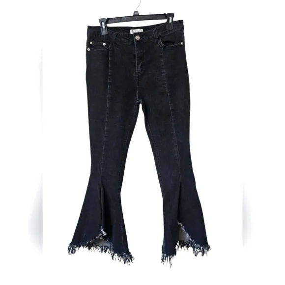 Peach Love California Distressed Black Fringe Gray Denim Flare Stretchy Jeans L