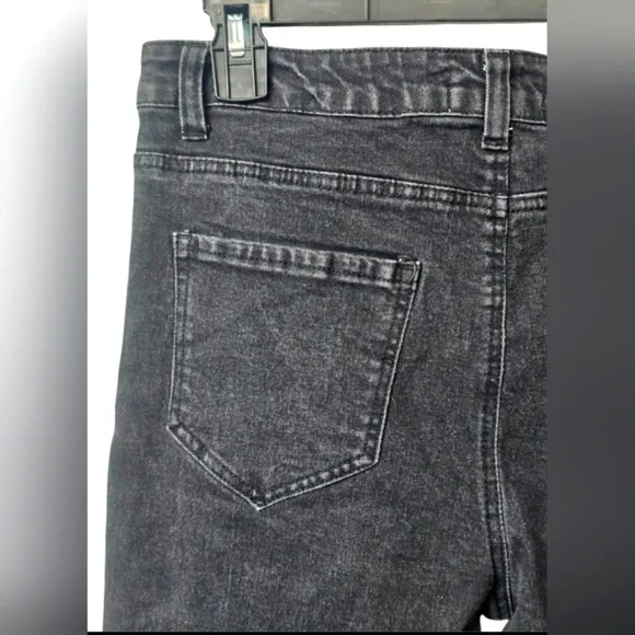 Peach Love California Distressed Black Fringe Gray Denim Flare Stretchy Jeans L