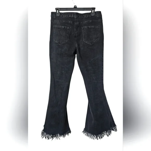 Peach Love California Distressed Black Fringe Gray Denim Flare Stretchy Jeans L