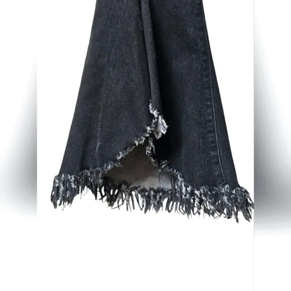 Peach Love California Distressed Black Fringe Gray Denim Flare Stretchy Jeans L