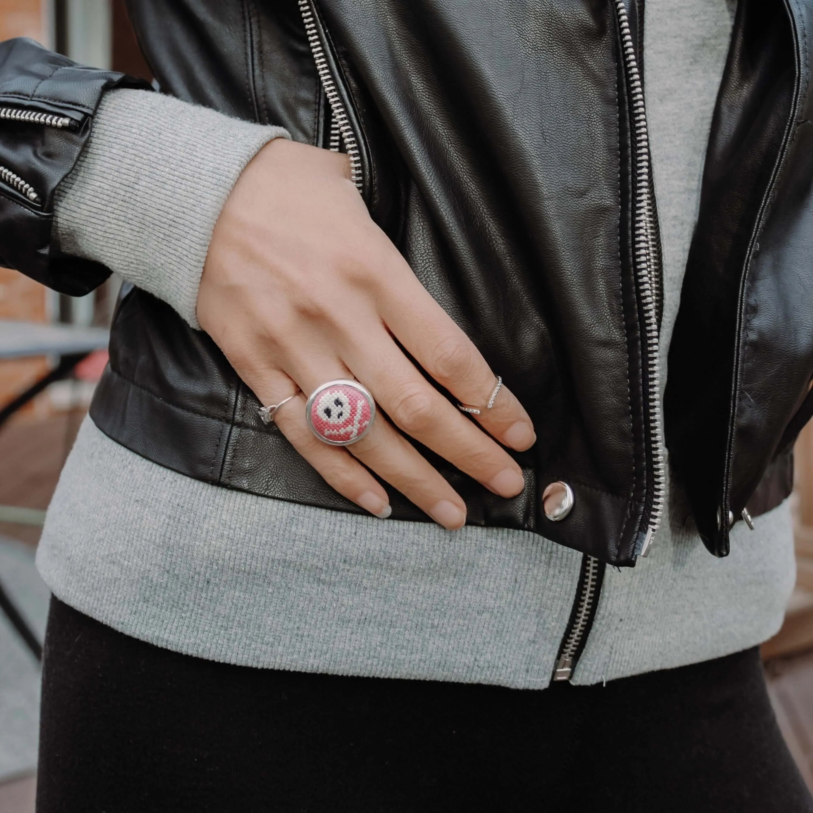 Pink Jolly Roger Needlepoint Ring