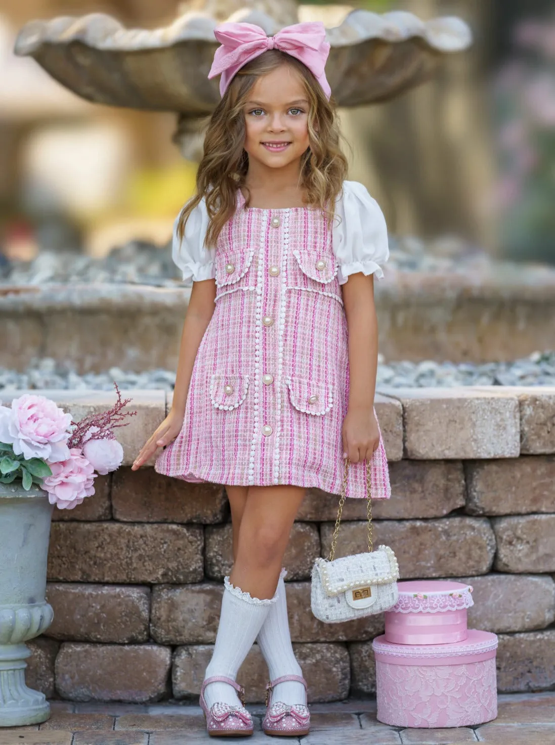 Pink Plaid Pearl Dress