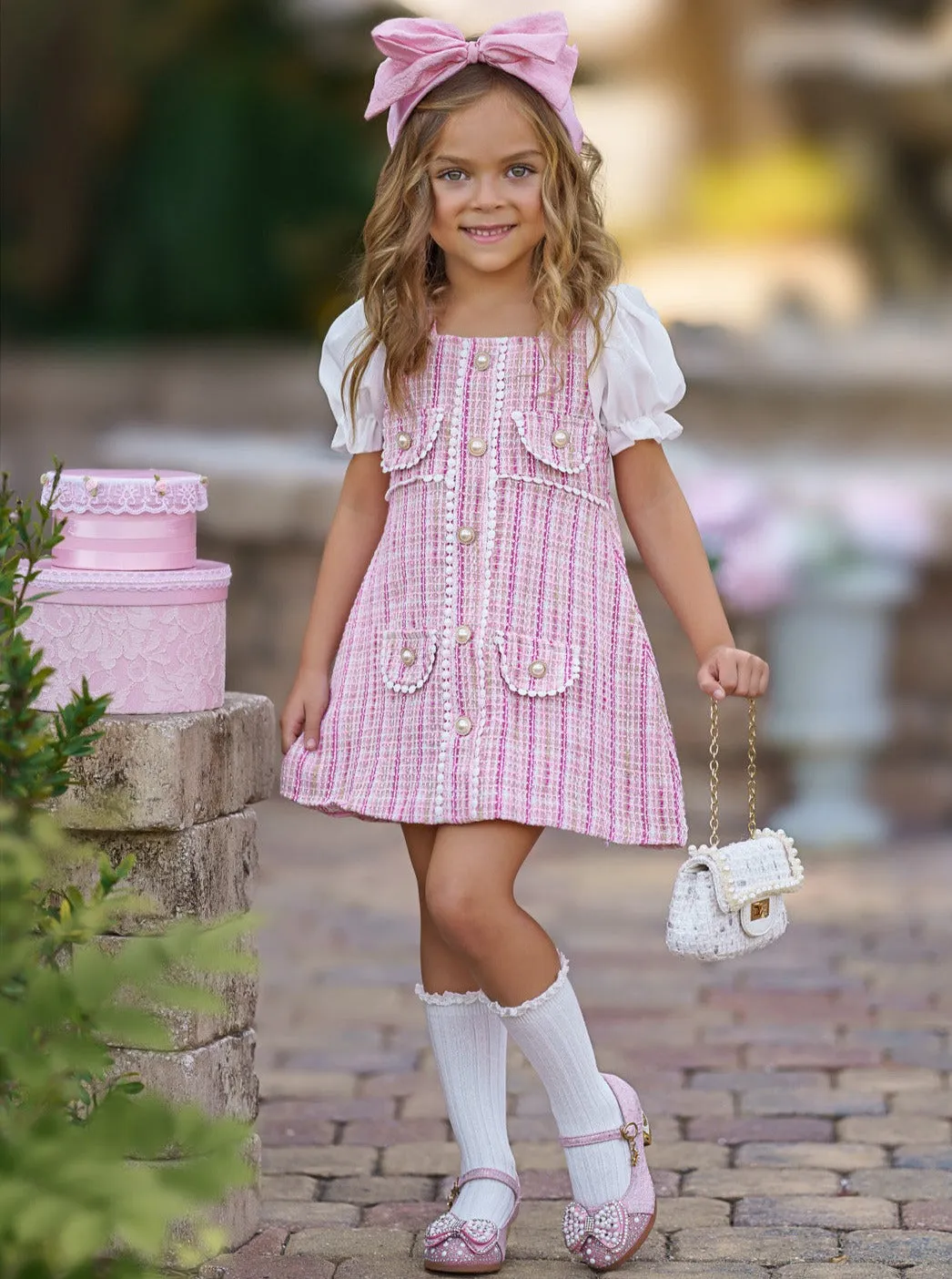 Pink Plaid Pearl Dress