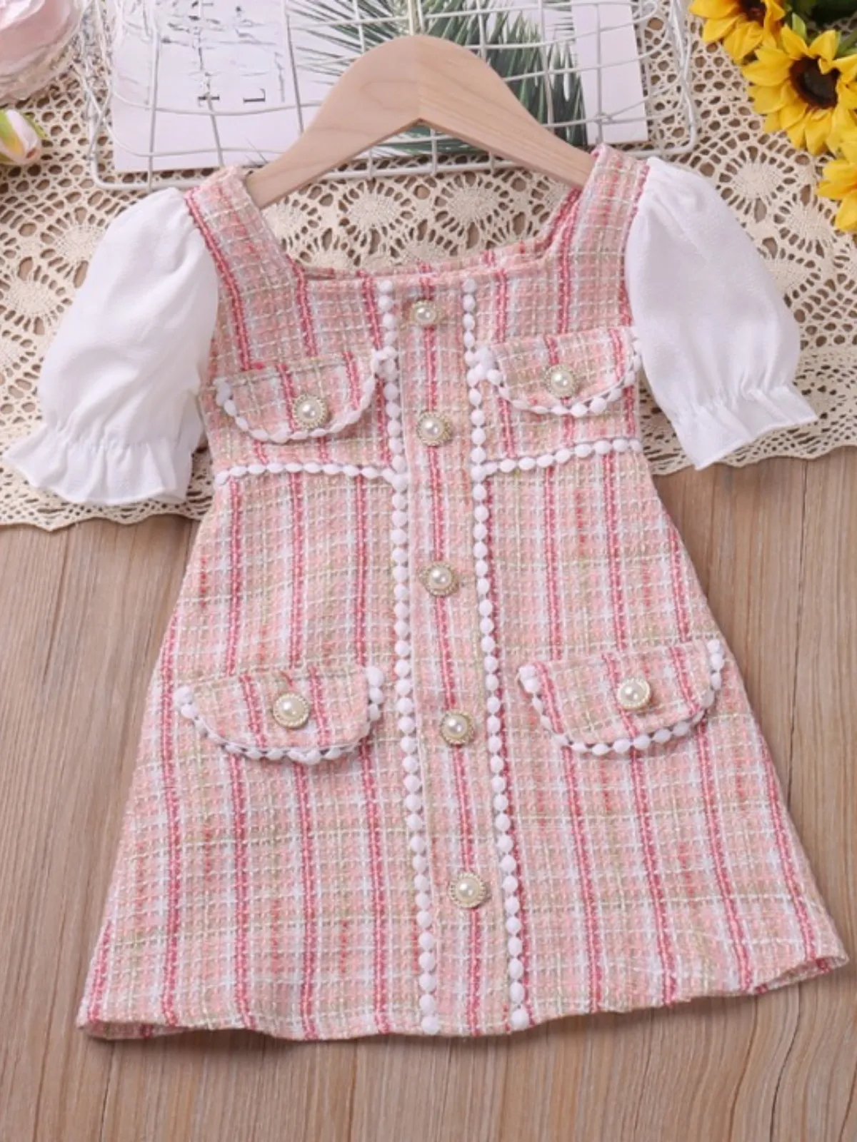 Pink Plaid Pearl Dress
