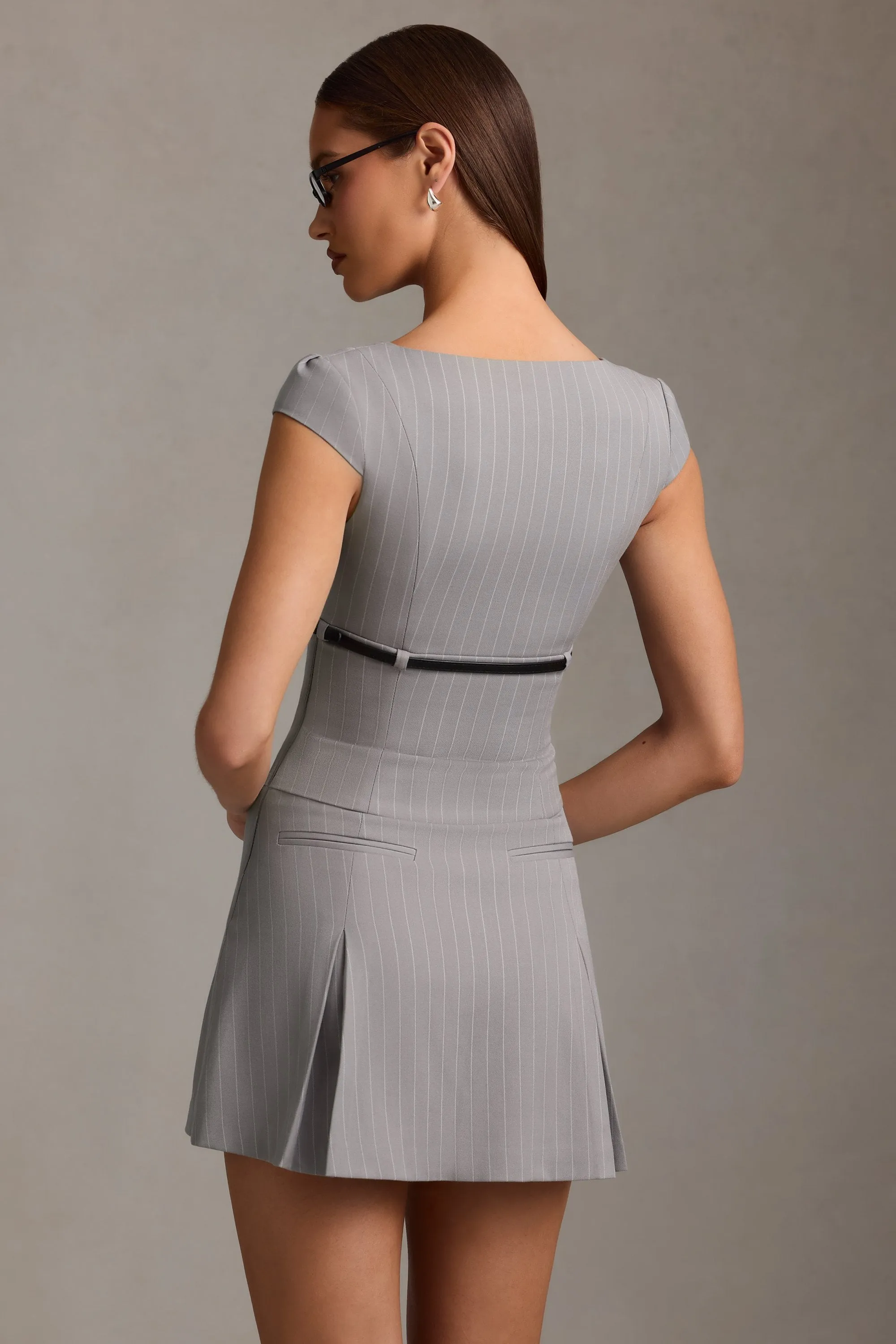 Pinstripe Pleated Waistcoat Mini Dress in Grey