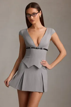 Pinstripe Pleated Waistcoat Mini Dress in Grey