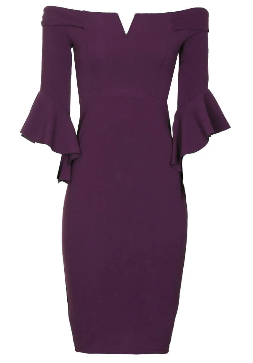 Plum Off The Shoulder Flare Midi Dress