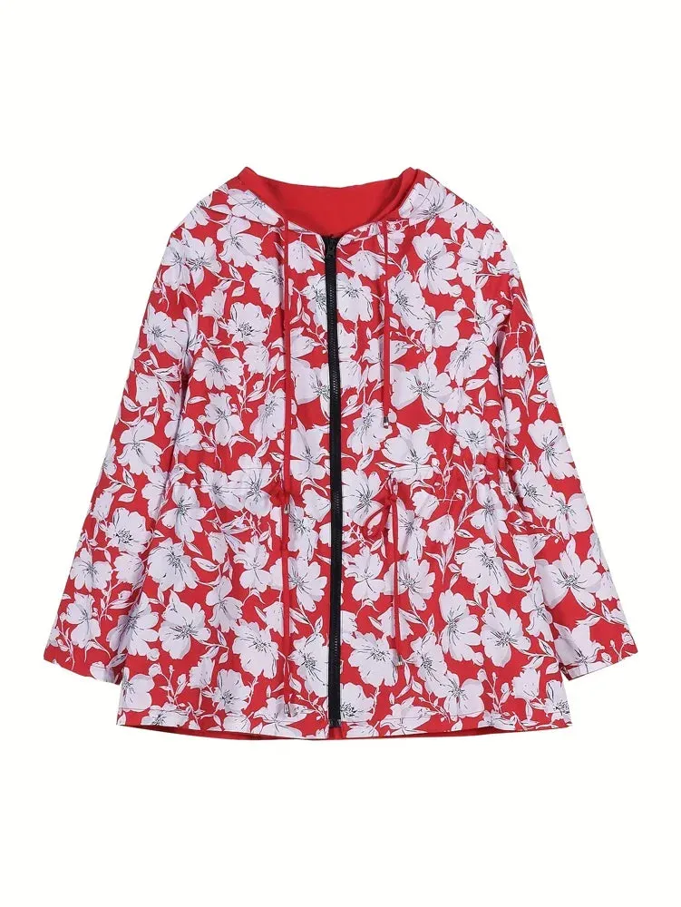 Plus Size Floral Print Hooded Zip Hooded Jacket