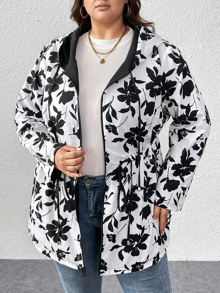 Plus Size Floral Print Hooded Zip Hooded Jacket