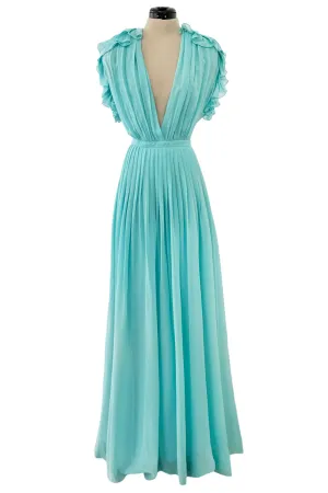 Prettiest Resort 2013 Gucci by Frida Giannini Runway Look 12 Turquoise Plunge Silk Chiffon Ruffle Dress