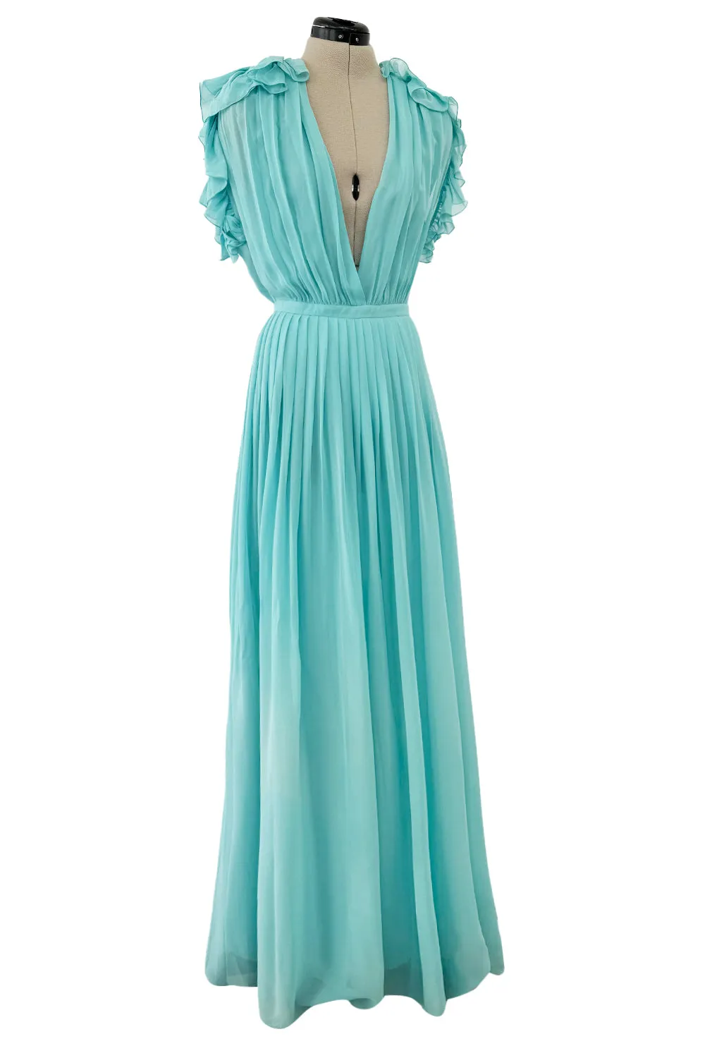 Prettiest Resort 2013 Gucci by Frida Giannini Runway Look 12 Turquoise Plunge Silk Chiffon Ruffle Dress