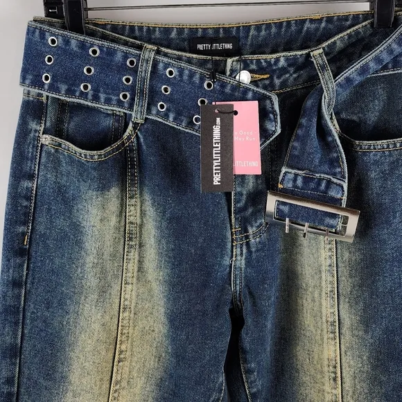Pretty Little Thing Indigo Vintage Wash Belted Seam Front Flare Jeans Size 4