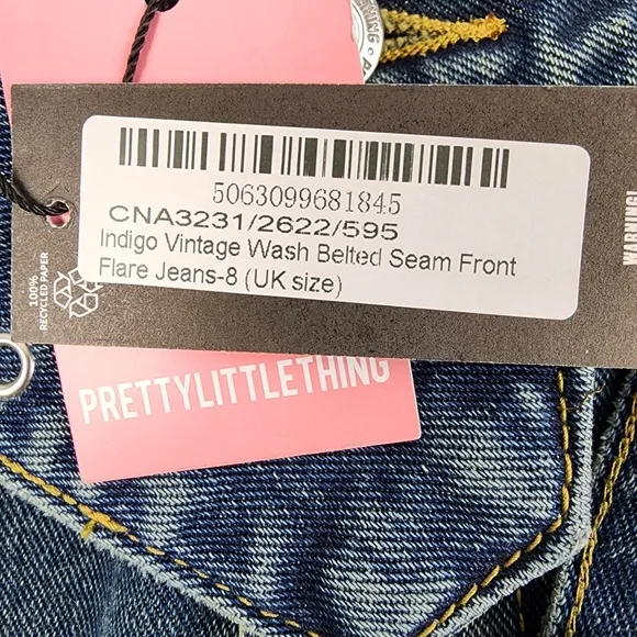 Pretty Little Thing Indigo Vintage Wash Belted Seam Front Flare Jeans Size 4
