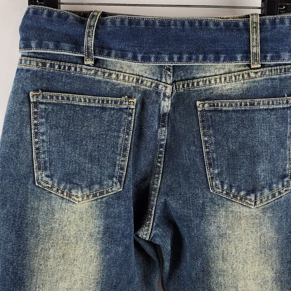 Pretty Little Thing Indigo Vintage Wash Belted Seam Front Flare Jeans Size 4