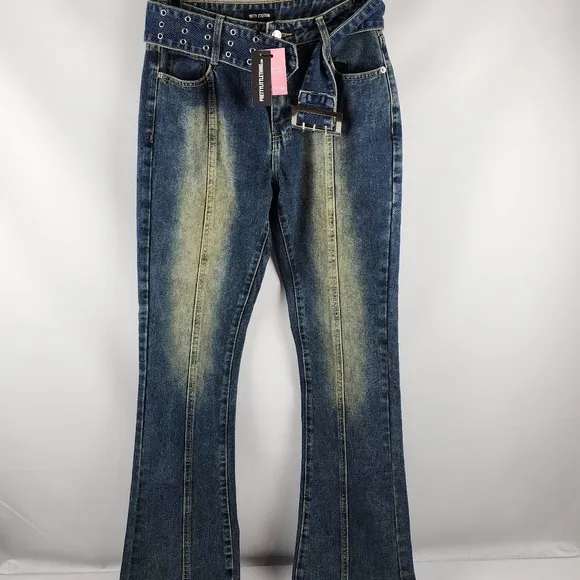 Pretty Little Thing Indigo Vintage Wash Belted Seam Front Flare Jeans Size 4