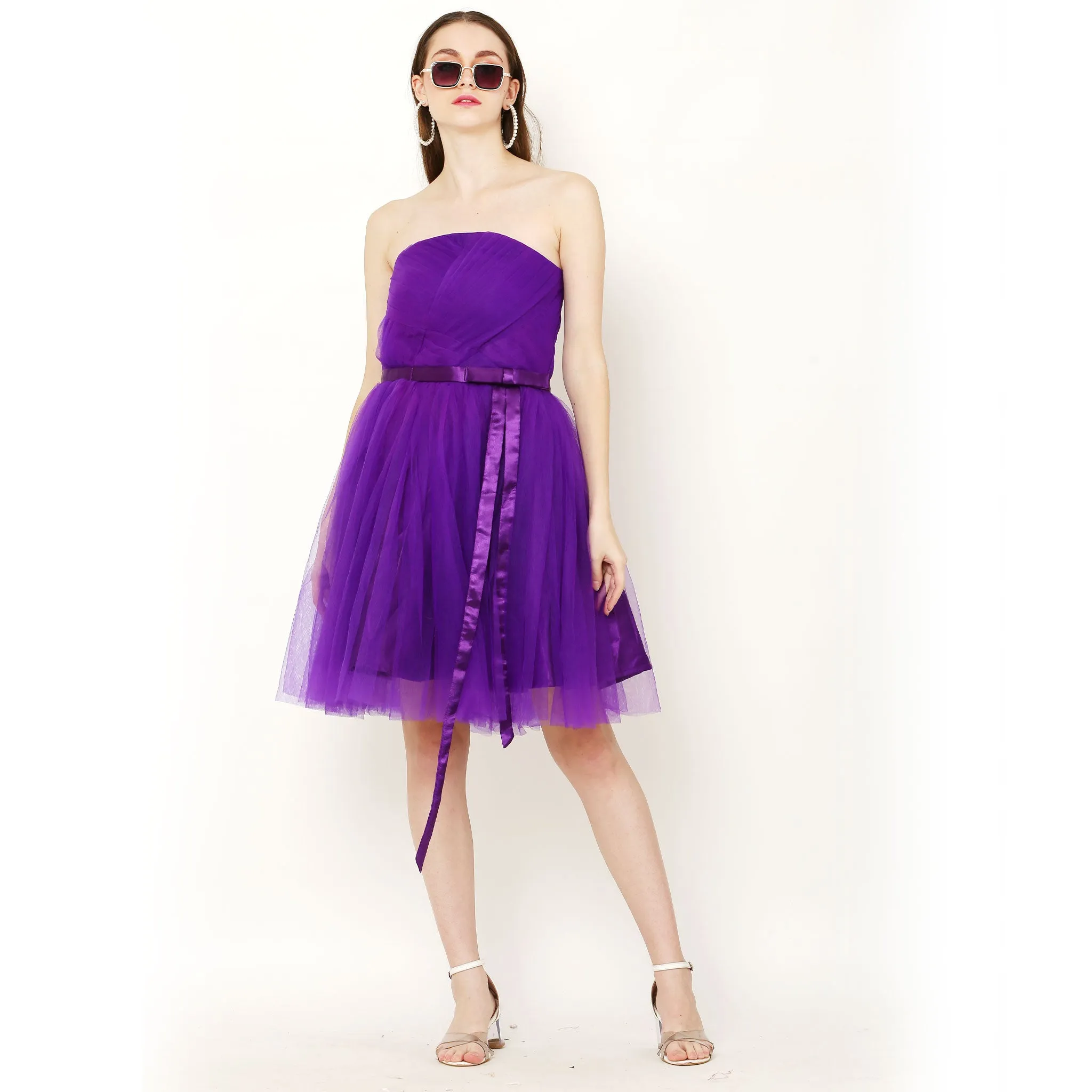 Pretty Off Shoulder Belted A-Line Cocktail Dress - Purple