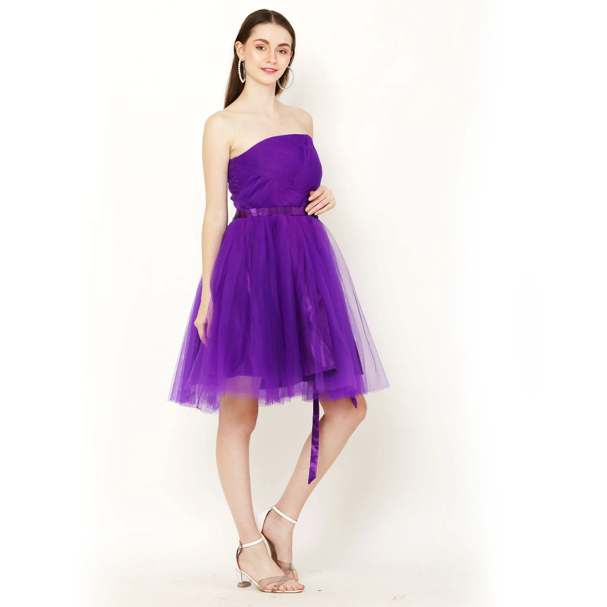 Pretty Off Shoulder Belted A-Line Cocktail Dress - Purple