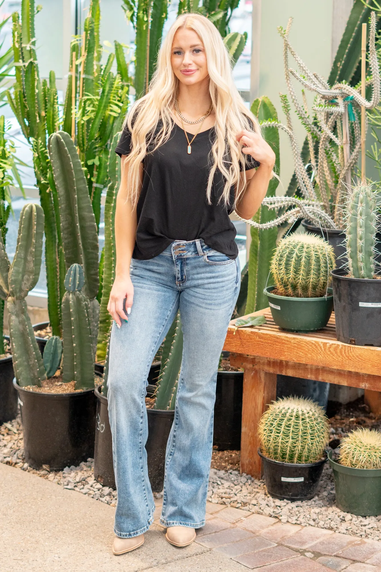 Prim Rose 2 Button Mid Rise Flare
