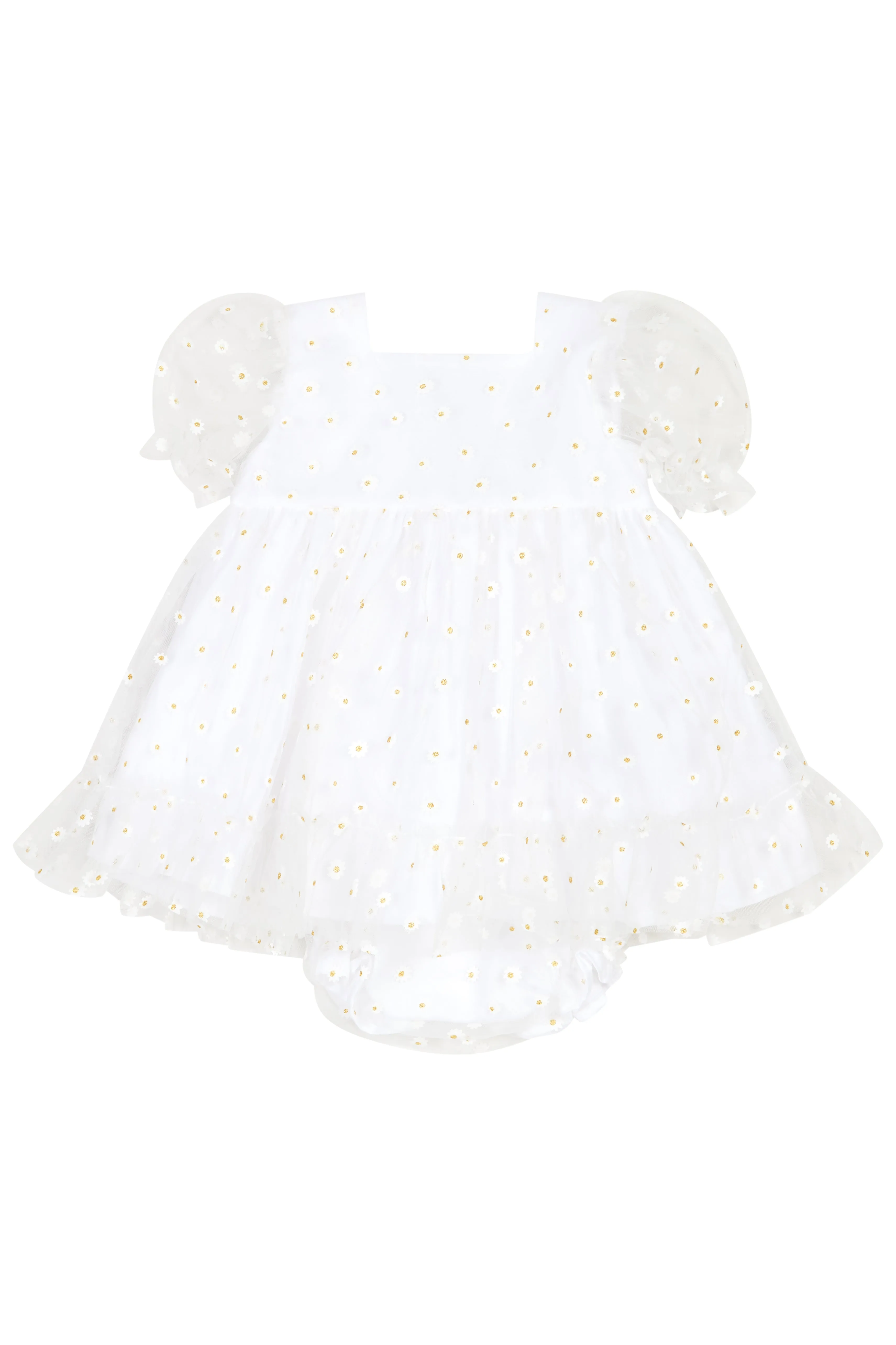 "Flora" White Tulle Daisy Print Dress & Bloomers