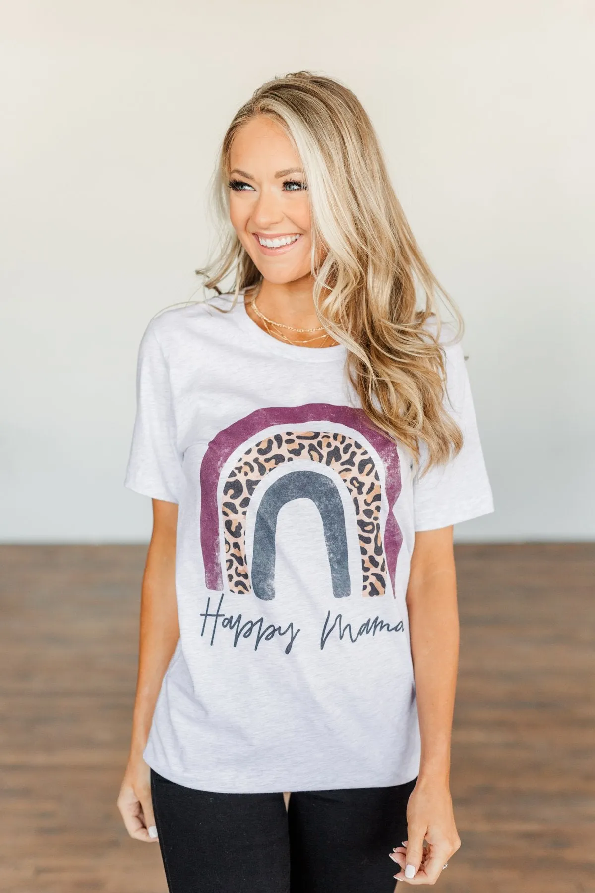 "Happy Mama" Rainbow Graphic Tee- Light Heather Grey