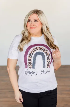 "Happy Mama" Rainbow Graphic Tee- Light Heather Grey