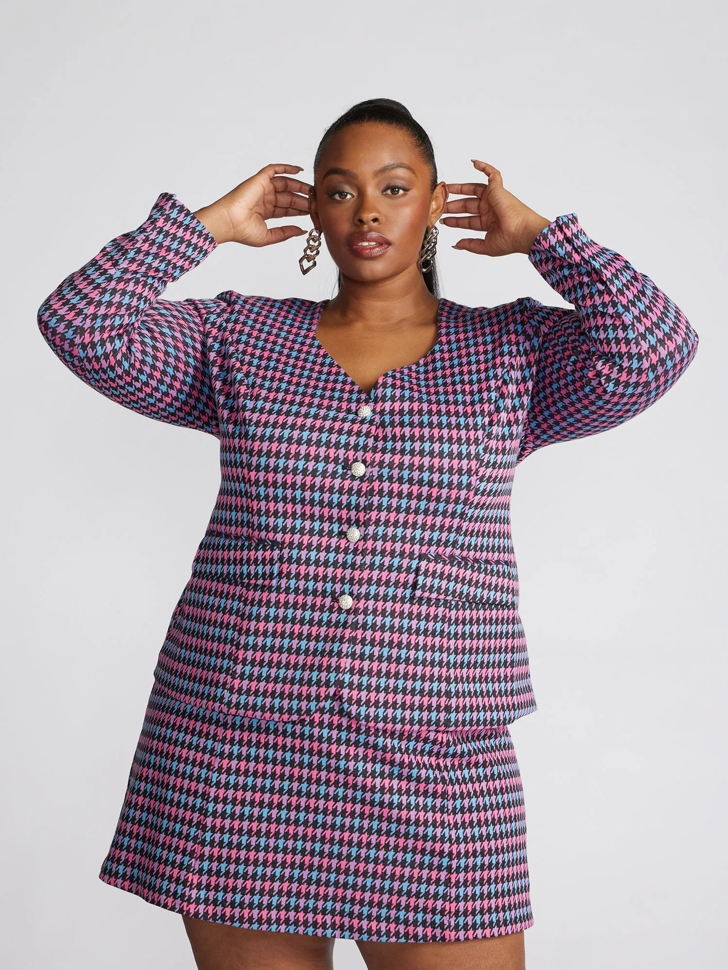 Raynelle Houndstooth Sweetheart-Neck Blazer
