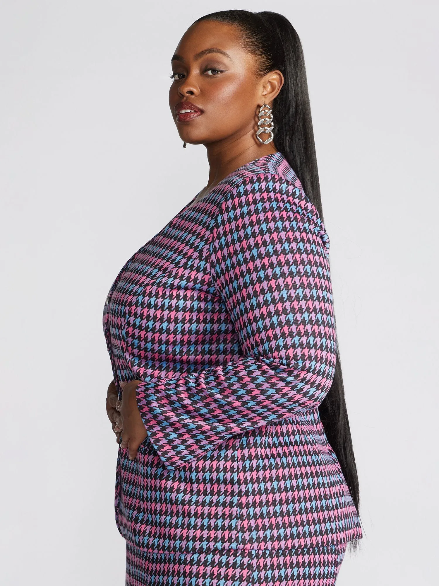 Raynelle Houndstooth Sweetheart-Neck Blazer
