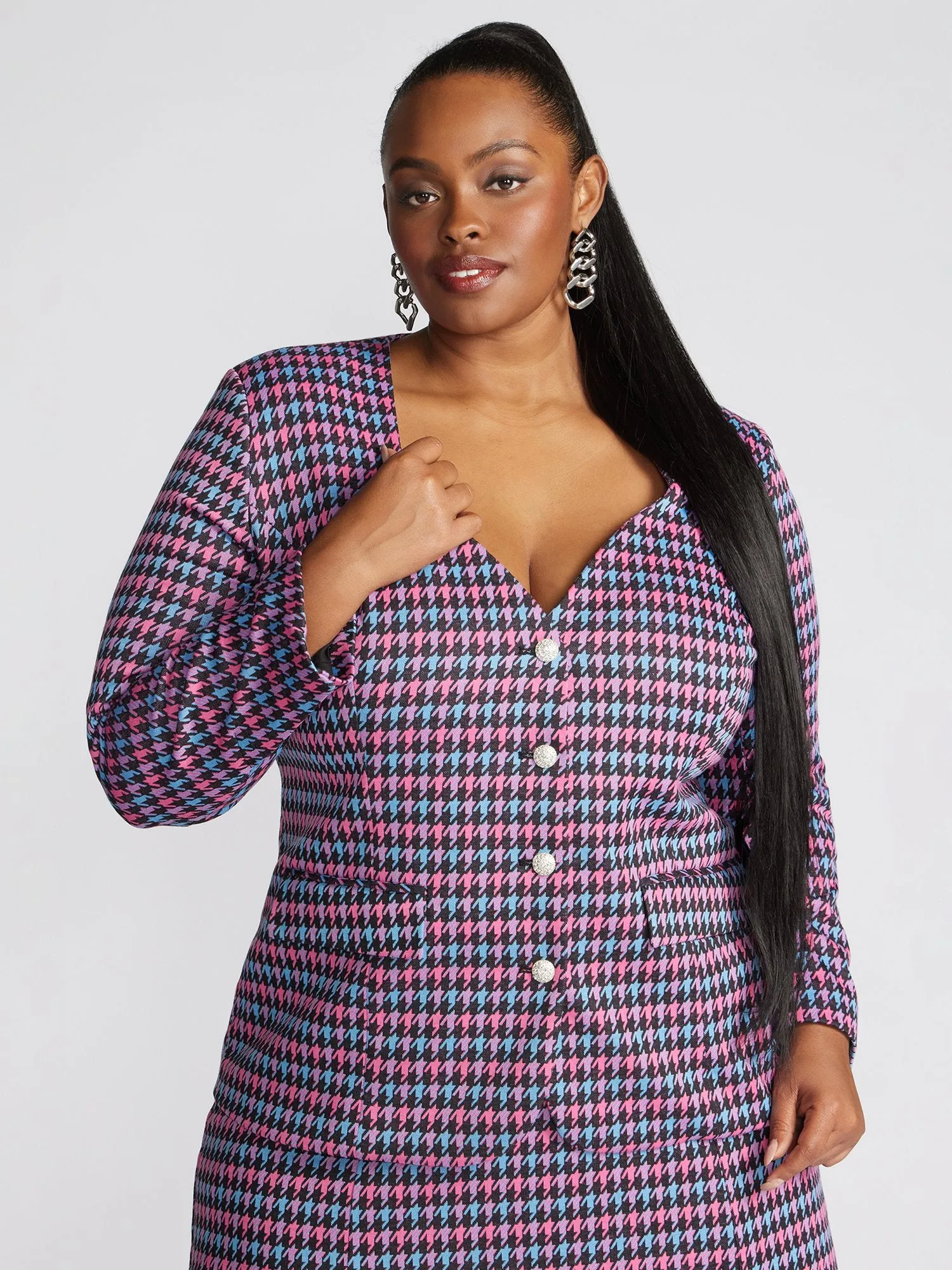 Raynelle Houndstooth Sweetheart-Neck Blazer