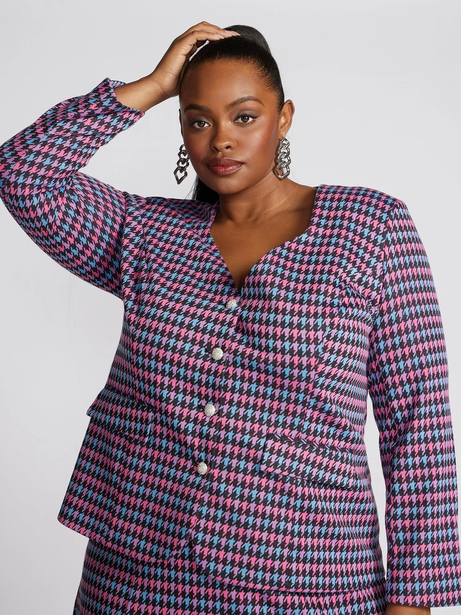 Raynelle Houndstooth Sweetheart-Neck Blazer
