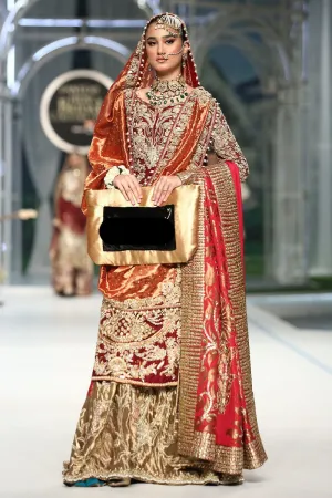 Red Kameez Golden Lehenga for Pakistani Bridal Dresses