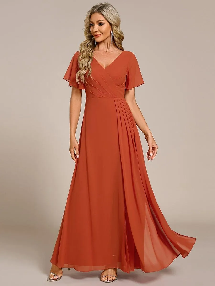 Robe de demoiselle d'honneur taille haute en mousseline de soie col en V fente haute manches à volants