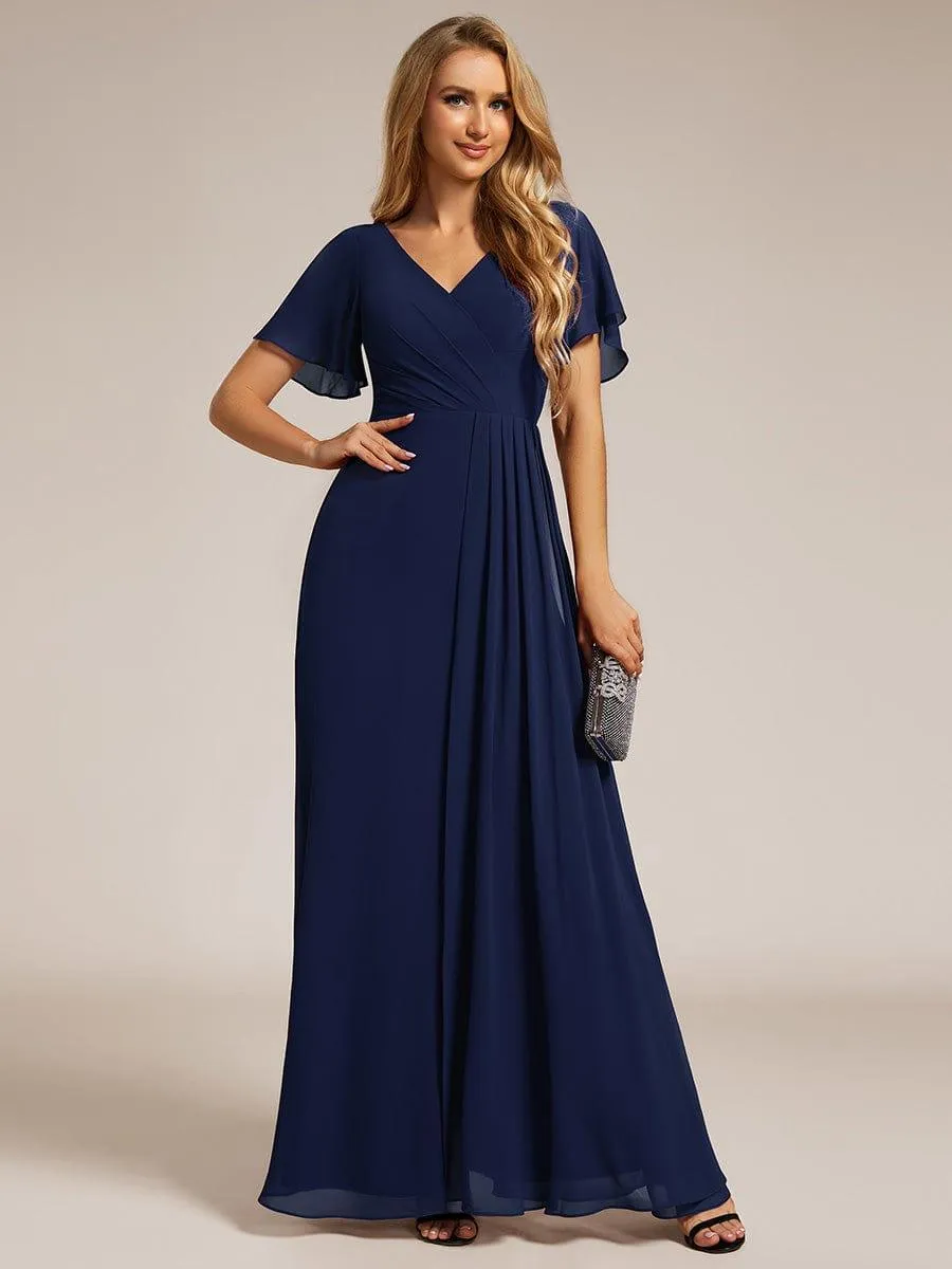 Robe de demoiselle d'honneur taille haute en mousseline de soie col en V fente haute manches à volants