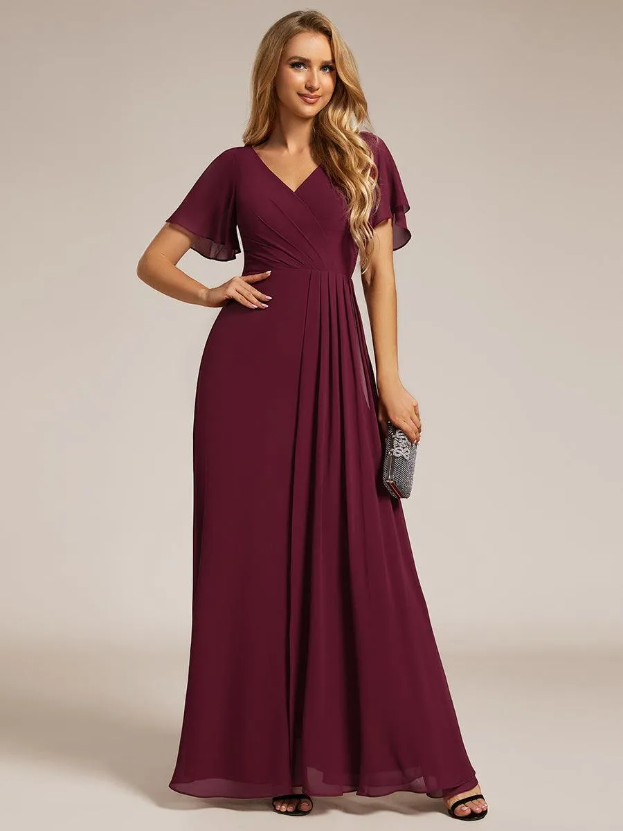 Robe de demoiselle d'honneur taille haute en mousseline de soie col en V fente haute manches à volants