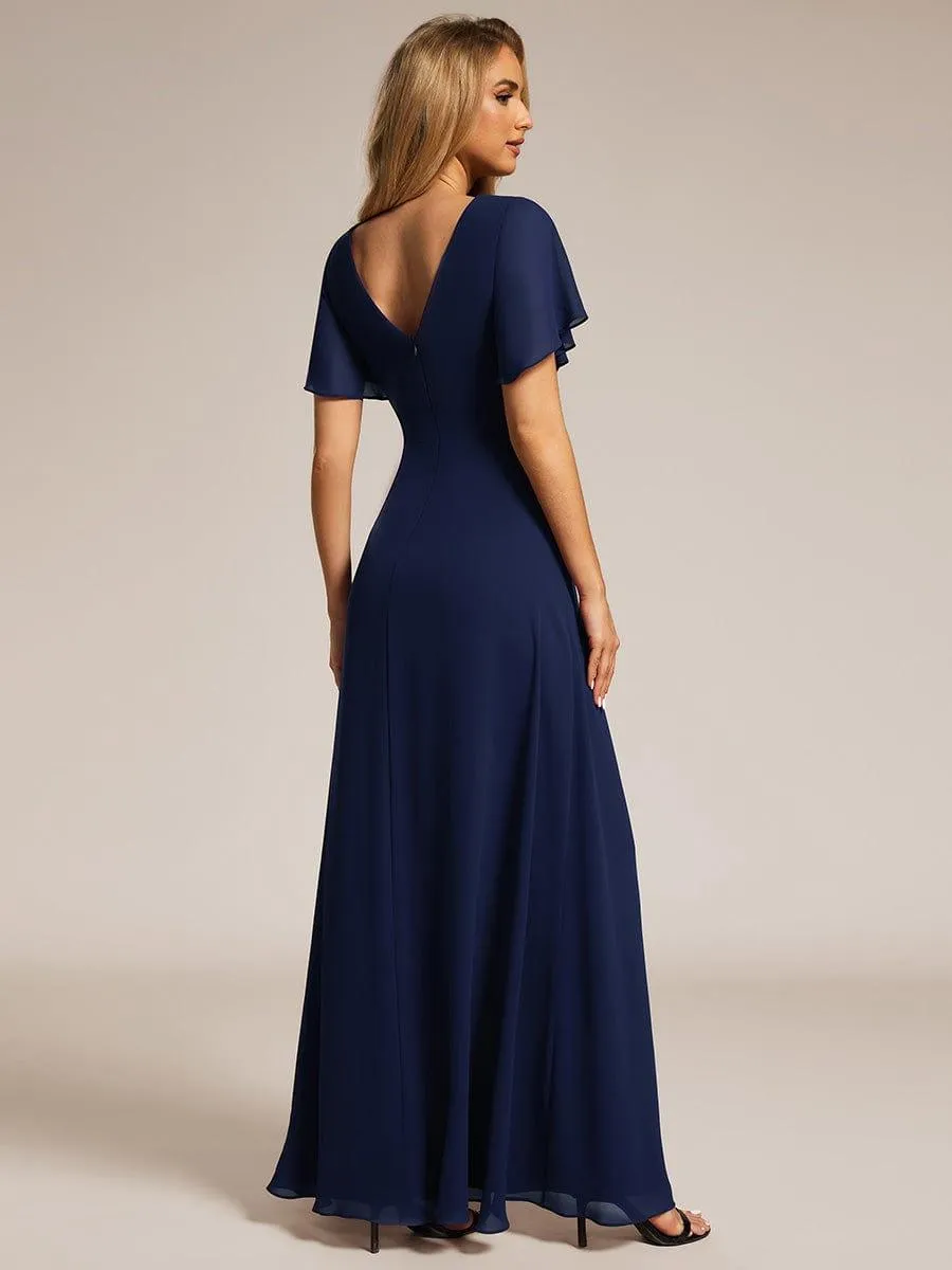 Robe de demoiselle d'honneur taille haute en mousseline de soie col en V fente haute manches à volants