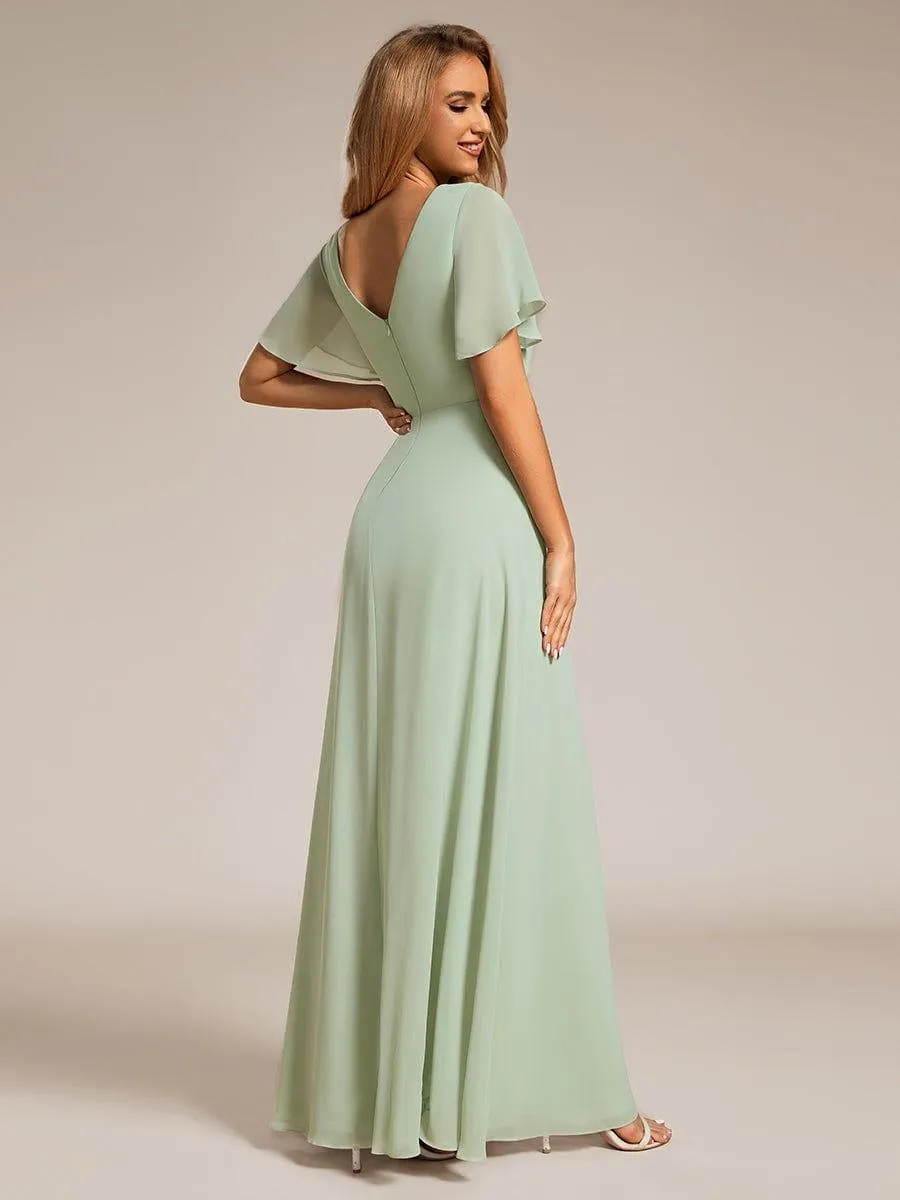Robe de demoiselle d'honneur taille haute en mousseline de soie col en V fente haute manches à volants