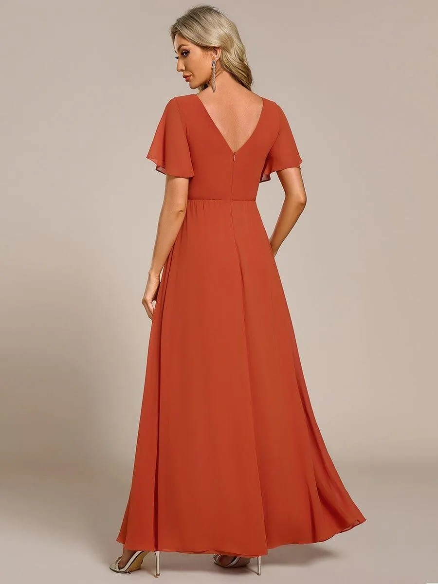 Robe de demoiselle d'honneur taille haute en mousseline de soie col en V fente haute manches à volants