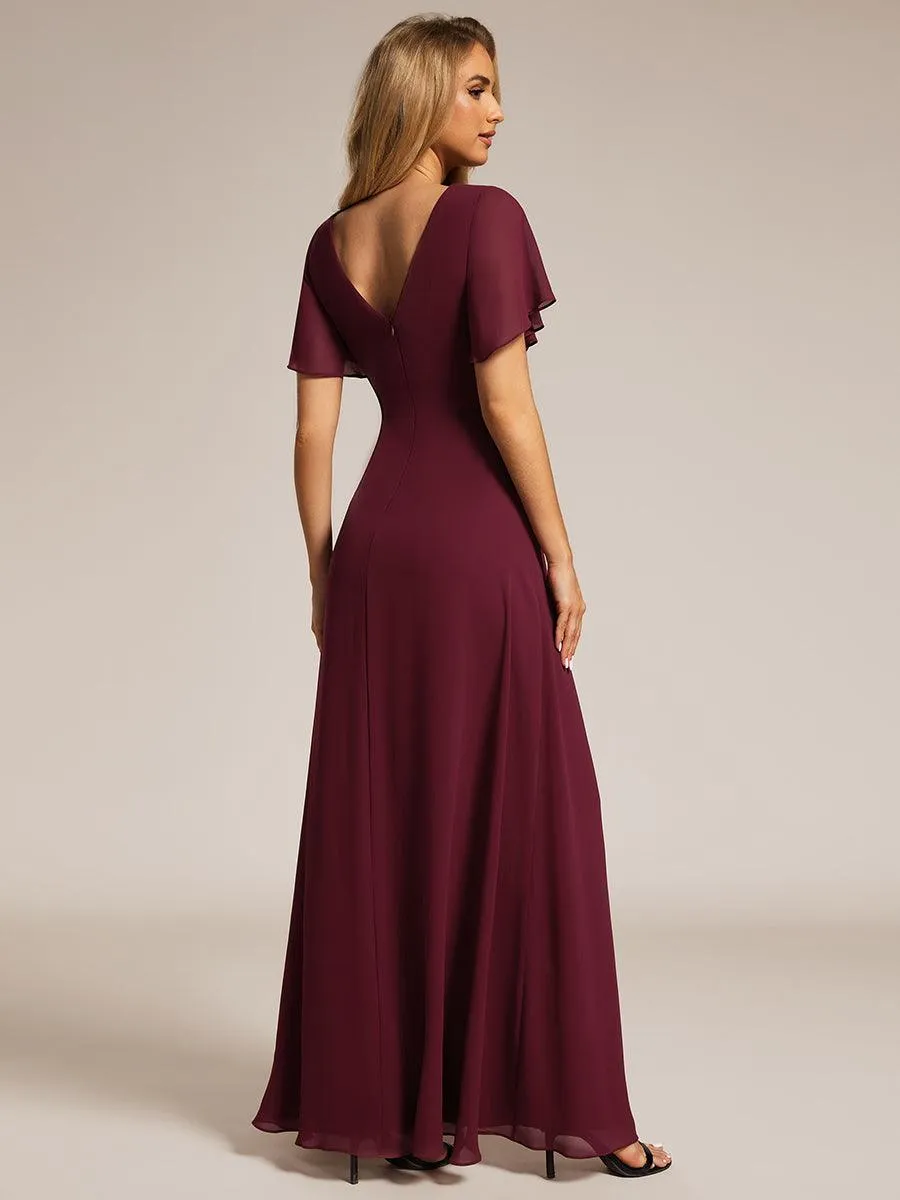 Robe de demoiselle d'honneur taille haute en mousseline de soie col en V fente haute manches à volants