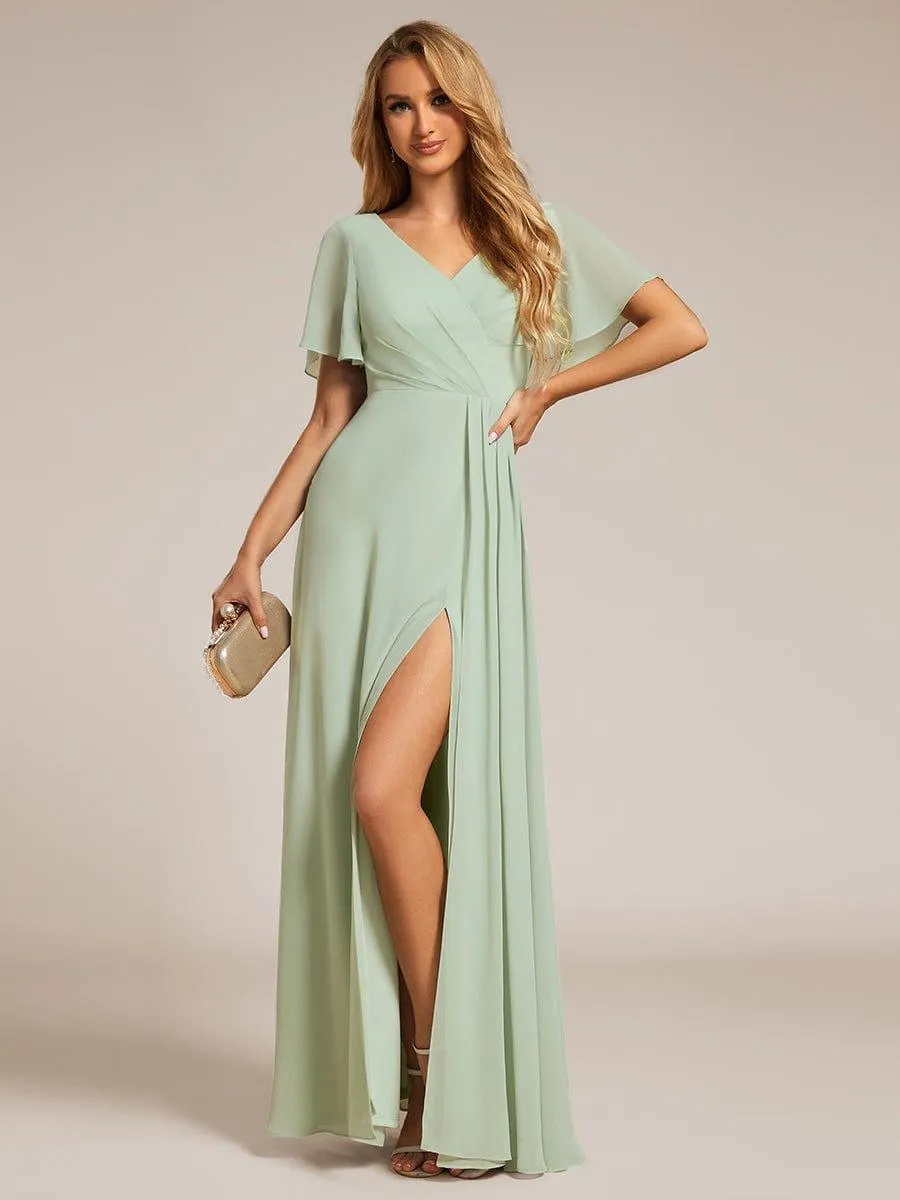 Robe de demoiselle d'honneur taille haute en mousseline de soie col en V fente haute manches à volants